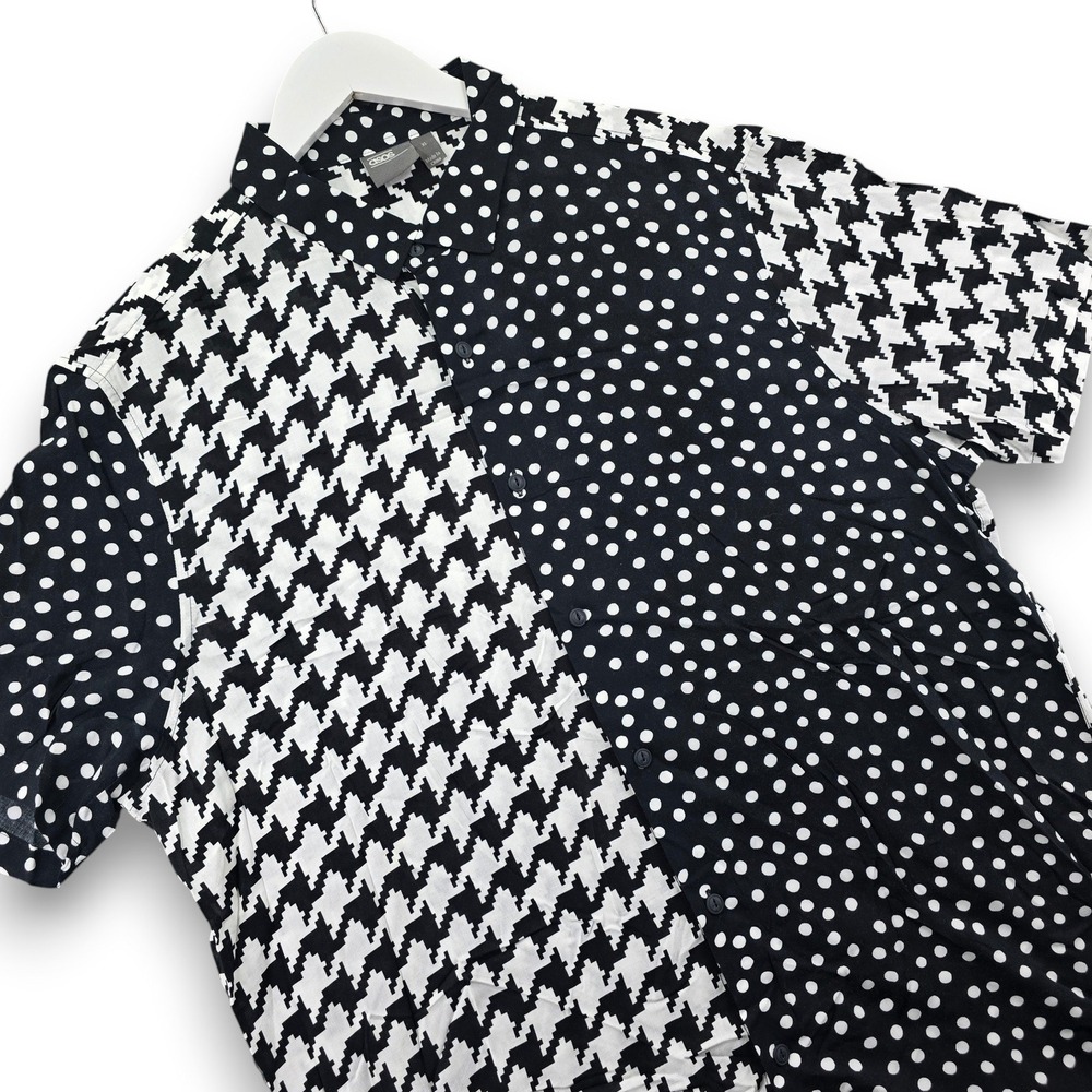 ASOS Button Front Shirt Mens XL Black White Polka Dot Houndstooth Mixed Print